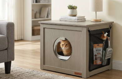 barkeleypets.com Foldable Hidden Cat Litter Box Enclosure Furniture with Mesh Storage Bag, Waterproof Interior, Odor Control, and Easy Assembly - 21.6”L x 17.7”D x 17.7”H
